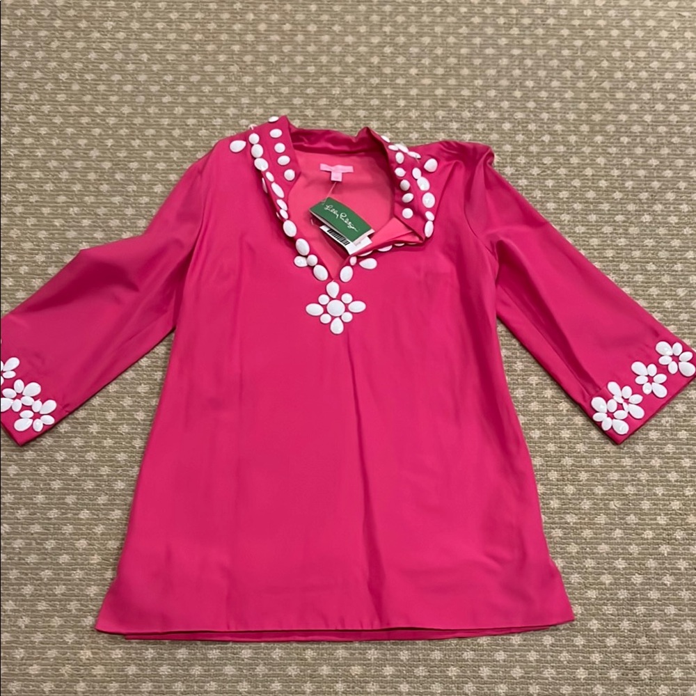 Lilly Pulitzer Pink Tunic with V-neck and Embellished Sleeves